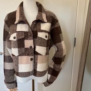 House of Harlow 1960 Plaid Wool Blend Crop Brown & Tan Button Jacket Sz L